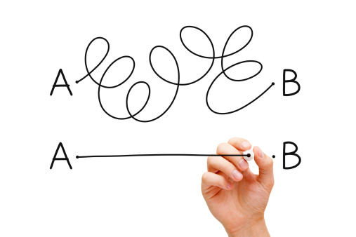 Hand drawing a concept about the importance of finding the shortest way to move from point A to point B, or finding a simple solution to a problem.