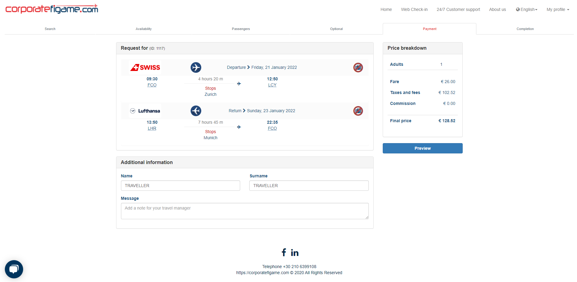 flight approval page for traveller in corporatefigame.com