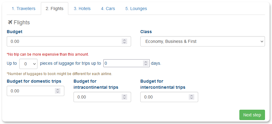 flights tab on travel policy from corporatefigame.com