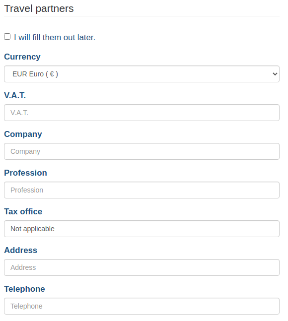 a form to fill up Travel Partners info for corporatefigame