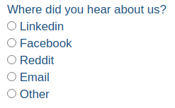 radio buttons to choose where did you hear about corporatefigame